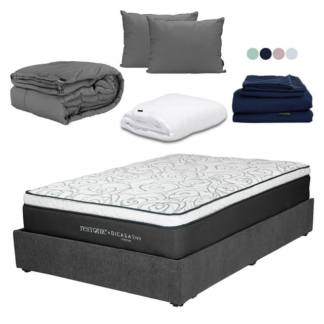 Colchón Queen Size Trini + Box Base Cama + Almohada 2Pack + Protector Cloud + Sábanas Softy + Edredón Homy