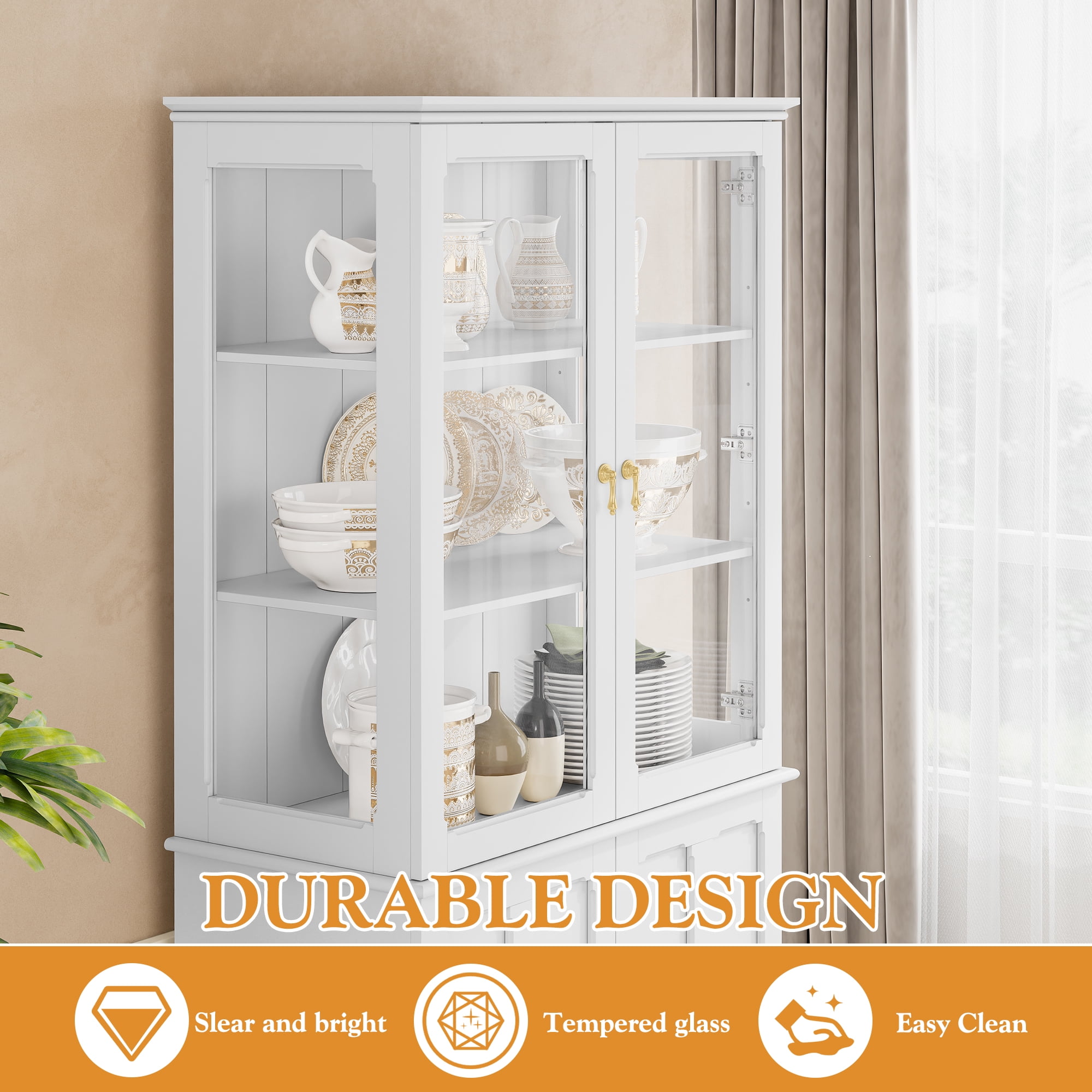 HLR 72 " Freestanding Kitchen Pantry Storage Sideboard,Glass Display Cabinet with Doors, White