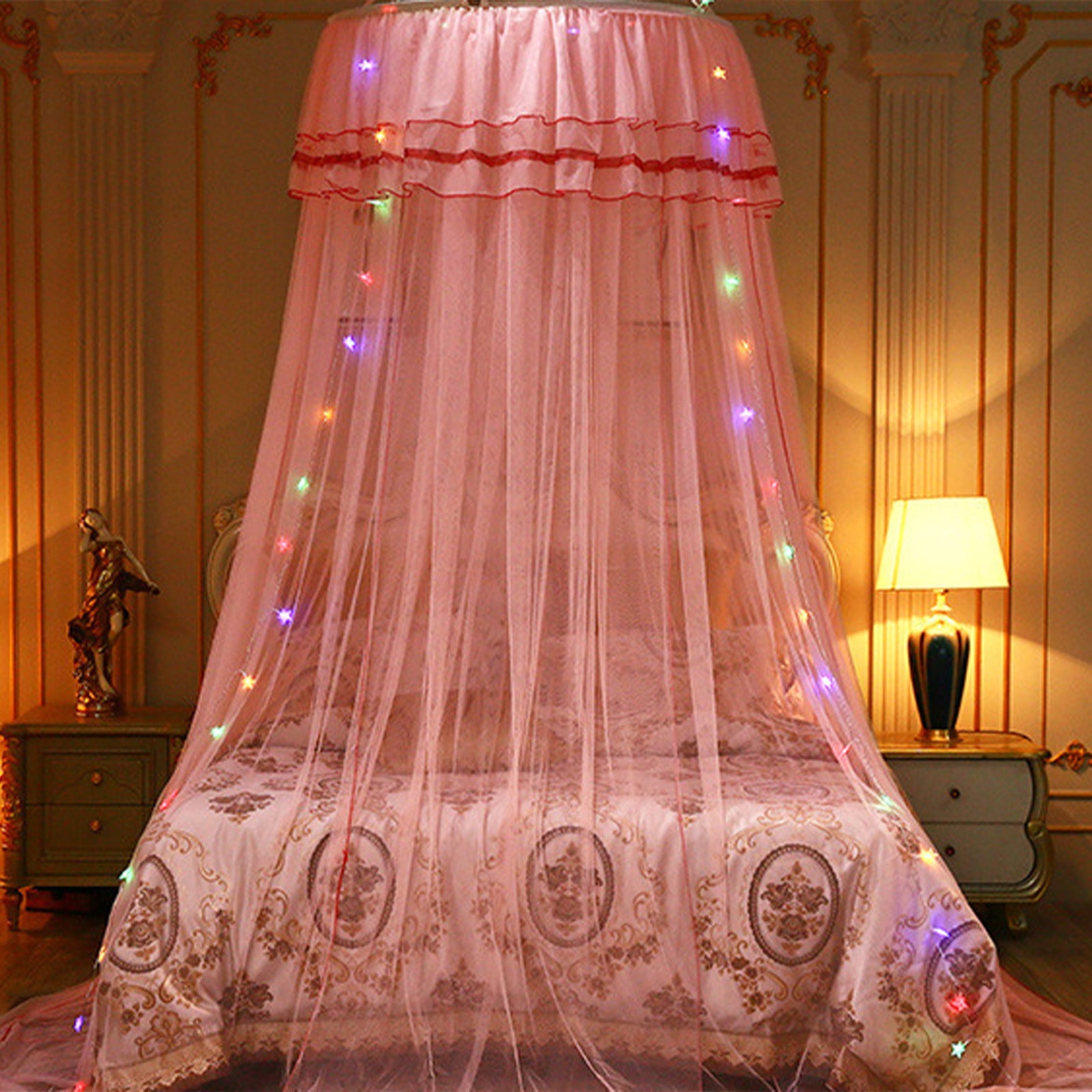 Mosquito Net Bed Canopy with Lights for Girls,Princess Canopy Bed Curtain Fine Sheer Mesh Dome Bed Canopies,Kids & Adults Lace Tent for Twin Full Queen King Bed Decor