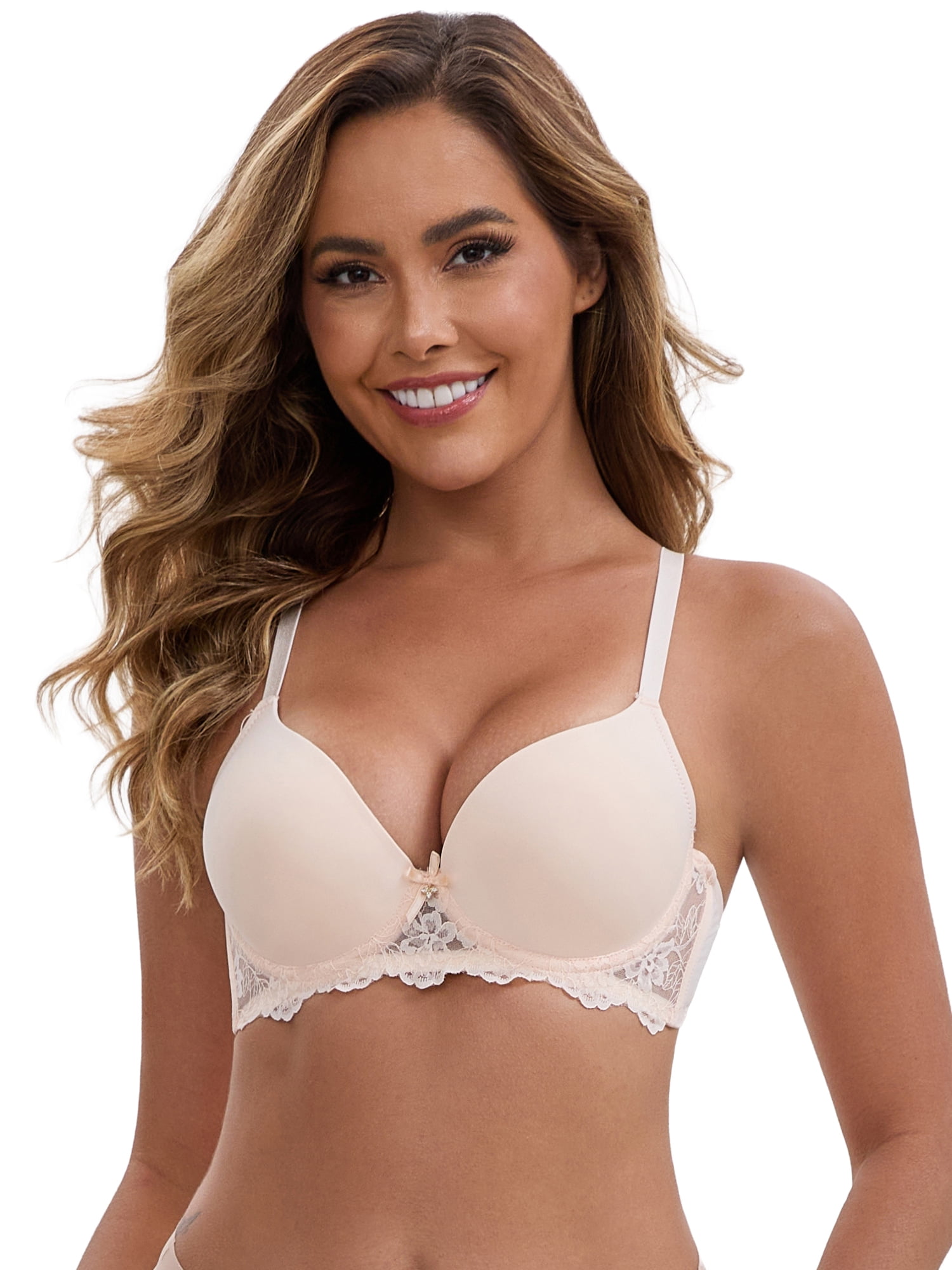 DARING DIVA Lace Plunge Push Up Underwired Bra Adjustable Straps 38B Light Pink