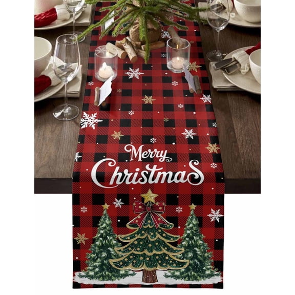 ERUNPONLY Red Plaid Christmas Tree Table Runner - 70 Inch Long Snowflake Tree Xmas Cotton and Linen Blended Dress Scarves Farmhouse Table Runner for Kitchen Dining, Coffee Table, 13" x 70"