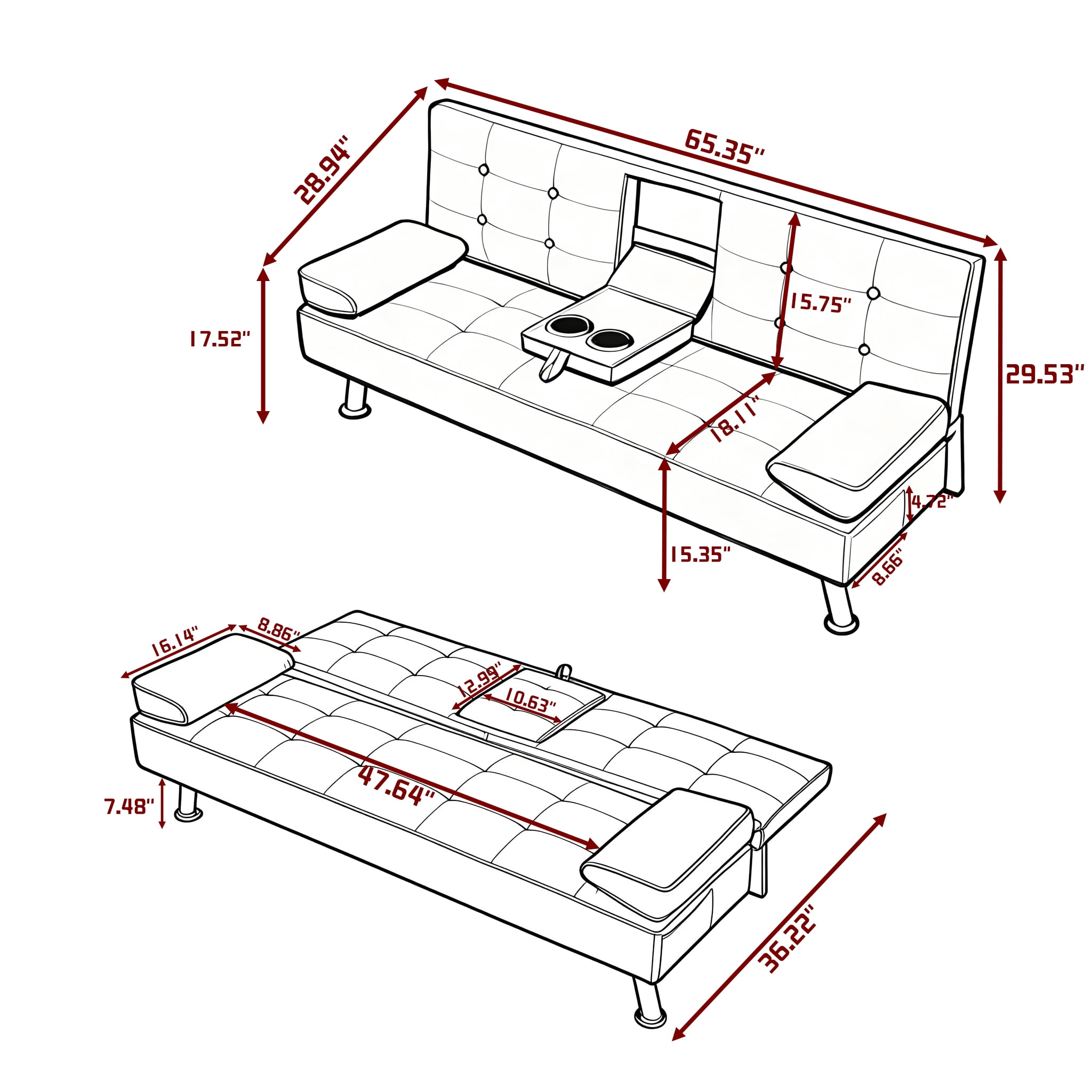 Gewnee 65.35" Futon Sofa Bed Metal Frame 5 Adjustable Positions Cup Holders Storage Pocket Office Apartment Dark Grey