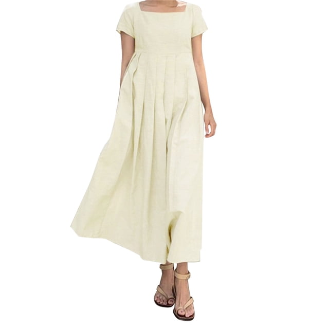TSADFHJI Jupes pour Femmes Longueur Courte Hiver Robe d'Été Décontractée Unie Manches Courtes Ample Coton Lin S Kaki