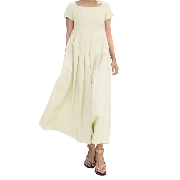 Vestido de verano de algodón y lino para mujer: manga corta, corte holgado, color liso, vestido informal para exterior, tallas S-XXL