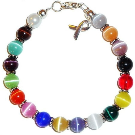 - Hidden Hollow Beads MULTI Cancer Awareness Bracelet, 8mm beads, 7 3/4 inches long with extentions