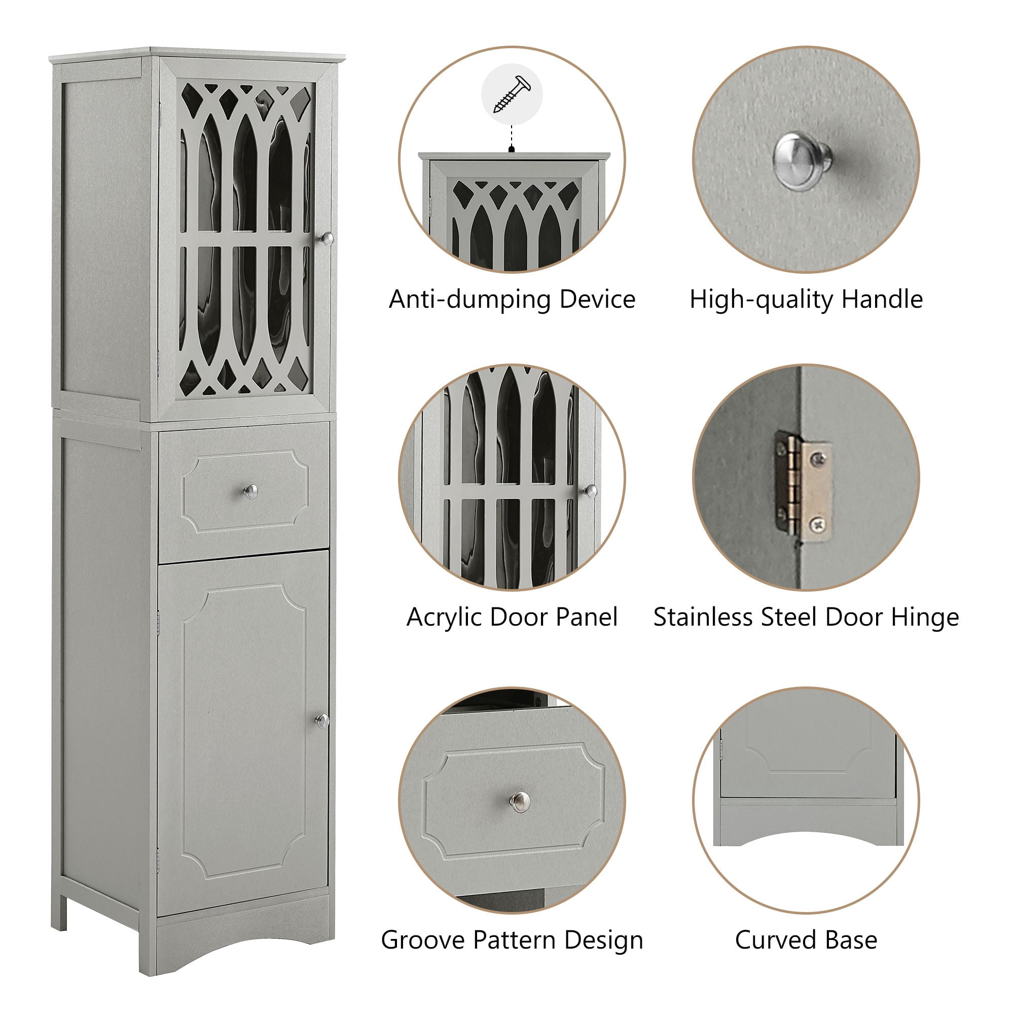 DEALTOPS Modern Bathroom Cabinet with Drawer and 2 Cabinets, Slim Freestanding Storage Cabinet with adjustable shelf for Bathroom - Gray
