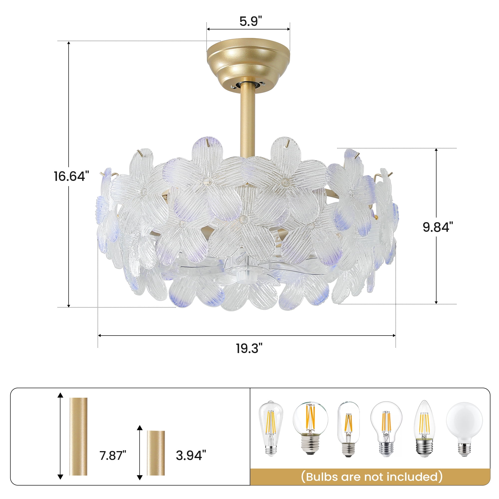 KAISITE 20" Modern Chandelier Ceiling Fan with Remote Control, Floral Glass Kids Ceiling Fan with Lights for Bedroom  Nursery  Living Room, Gold
