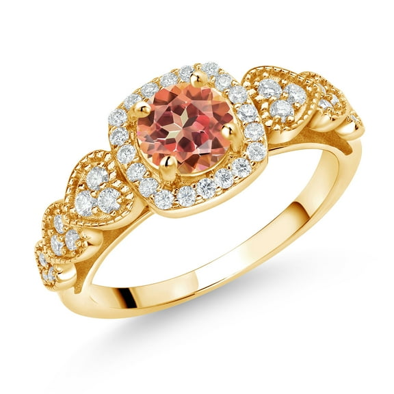 Gem Stone King 18K Yellow Gold Plated Silver Ecstasy Mystic Topaz and White Moissanite Engagement Ring for Women (1.38 Cttw, Round 6MM, Gemstone Birthstone, Size 7)