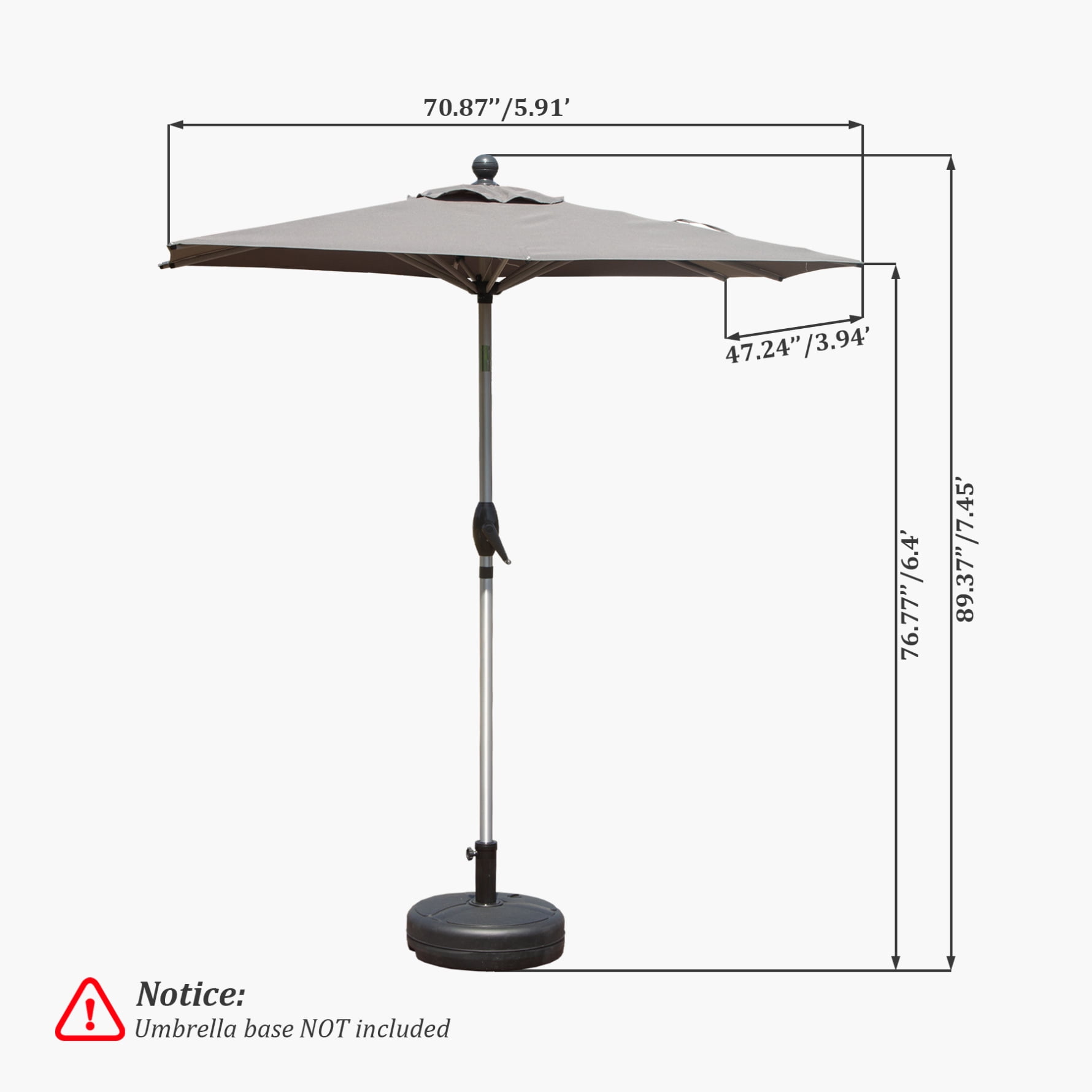 6FT Outdoor Patio Umbrella, Rectangle Market Umbrella with Push Button Tilt and Crank, Table Umbrella 8 Sturdy Ribs UV Protection for Deck, Backyard, Pool, Grey