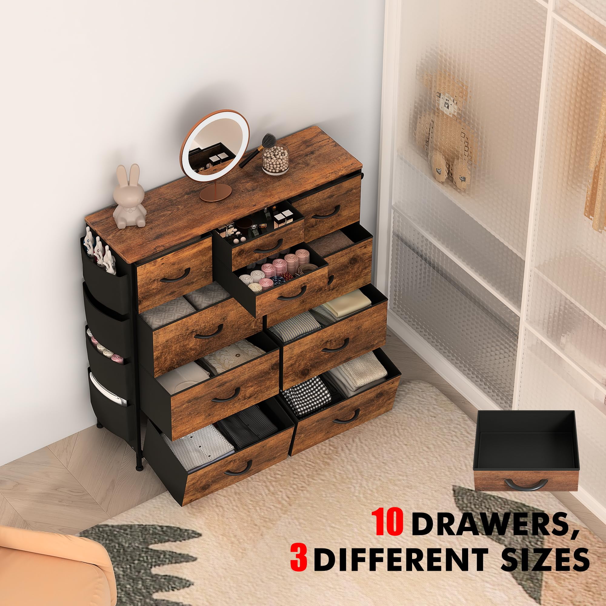 GIKPAL 10 Drawer Dresser, Chest of Drawers for Bedroom with Side Pockets and Hooks, Black