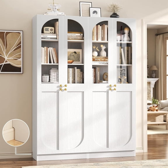 iSunirm 80'' Tall Bookcase with Doors Set of 2, 47.2'' Wide 6-Tier Floor Standing Bookcase with Adjustable Shelves, Display Cabinet with Glass Doors for Living Room, White