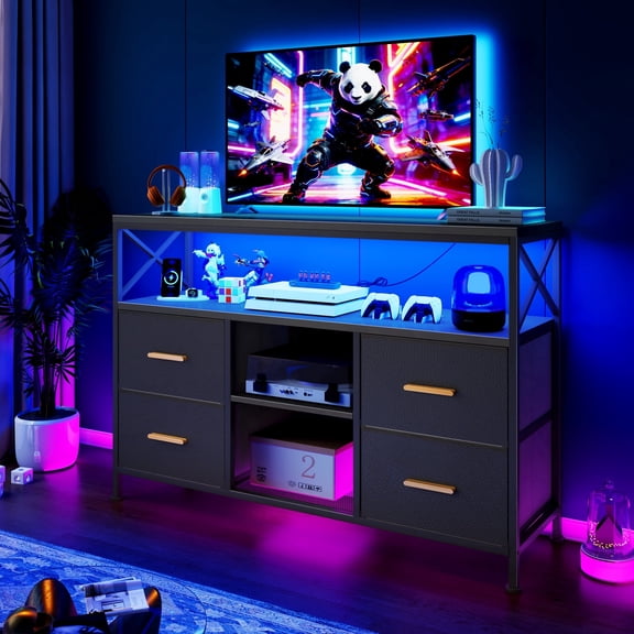 TV Stand for 43" TV, Modern Entertainment Center with LED, Power Outlet, Storage Drawers, TV Console for Living Room,Black