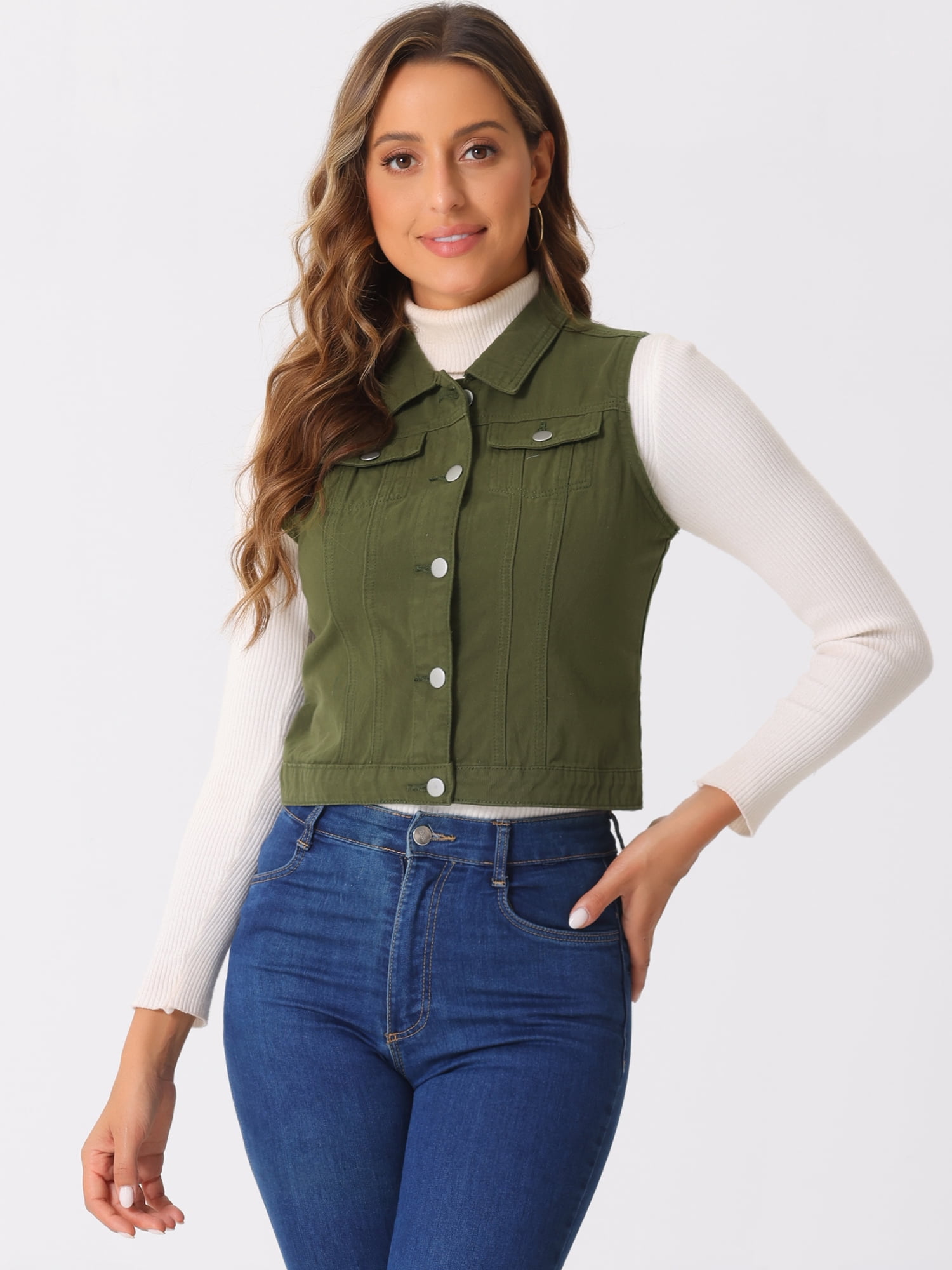 DARING DIVA Women's Denim Sleeveless Flap Pockets Vest Jacket S Army Green
