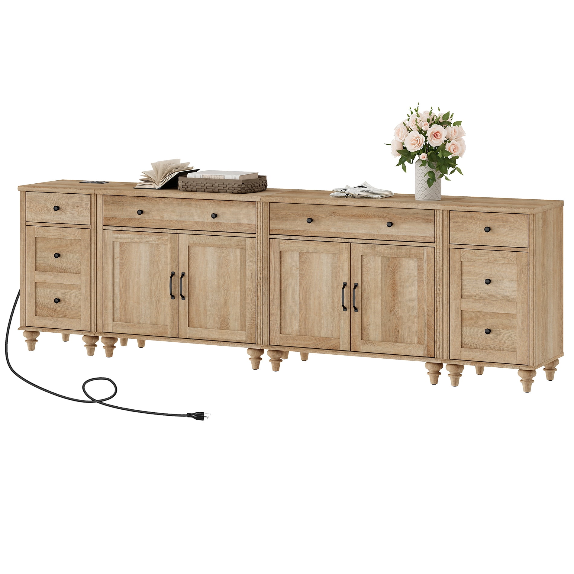 WAMPAT TV Stand for 100 Inch TV, 4-in-1 TV Console Table for 75/80/85/90 Inch TV, Farmhouse Entertainment Center with Charging Station, Kitchen Sideboard Buffet Cabinet for Dining Room, Oak