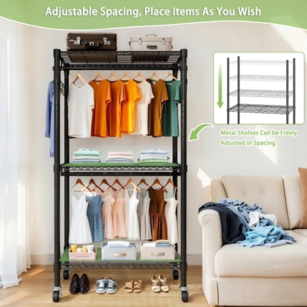 Rolling Clothes Rack, Heavy Duty Garment Rack with Wheels, 3-Tier Adjustable Wire Shelving, 2 Clothes Rails & Side Hooks, Portable Closet Organizer, Black