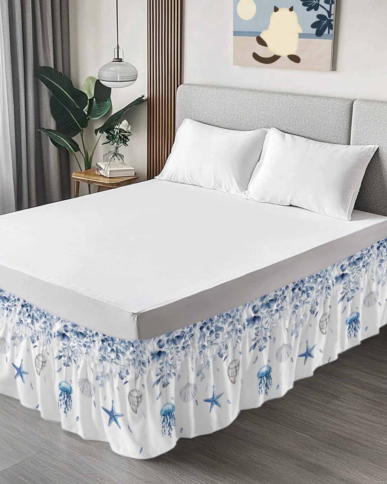 Blue Coastal Wrap Around Bed Skirts for King Bed 18" Drop,Bed Skirt with Adjustable Elastic Belt Dust Ruffle Bed Valance Summer Eucalyptus Leaves Beach Ocean Starfish Nautical Bed Frame Cover