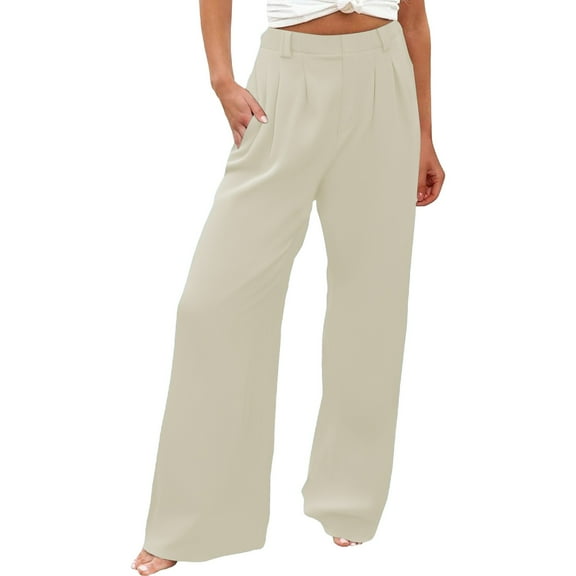 Jxximdong Palazzo Pants for Women, Elegant Loose Wide Leg Pants Plain Lightweight Stretchy Casual Trousers with Pockets, Beige Womens Casual Trousers