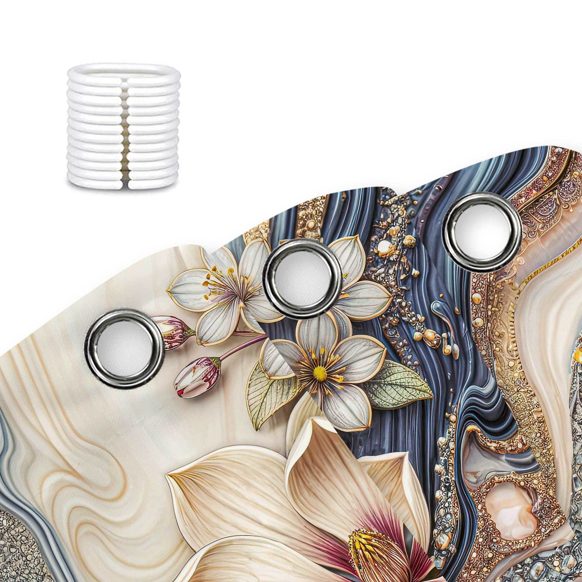 Gray White Luxury Gold Marble Floral Shower Curtain, Elegant Magnolia Ginkgo Succulent Bathroom Decor, Modern Abstract Geode Bath Curtain, Waterproof Polyester Fabric with Hooks,70X75in