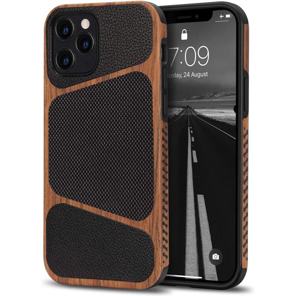 Tasikar Compatible with iPhone 12 Case/iPhone 12 Pro Case Easy Grip Wood Grain with Nylon Fabric Leather Design Hybrid