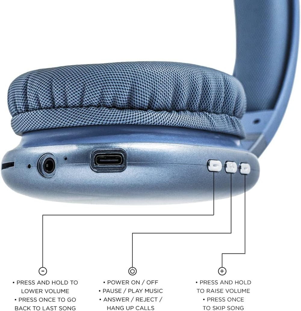 iJoy Ultra Wireless Over-Ear Bluetooth Headphones, Noise Canceling, Foldable Stereo Headset with Mic, Blue