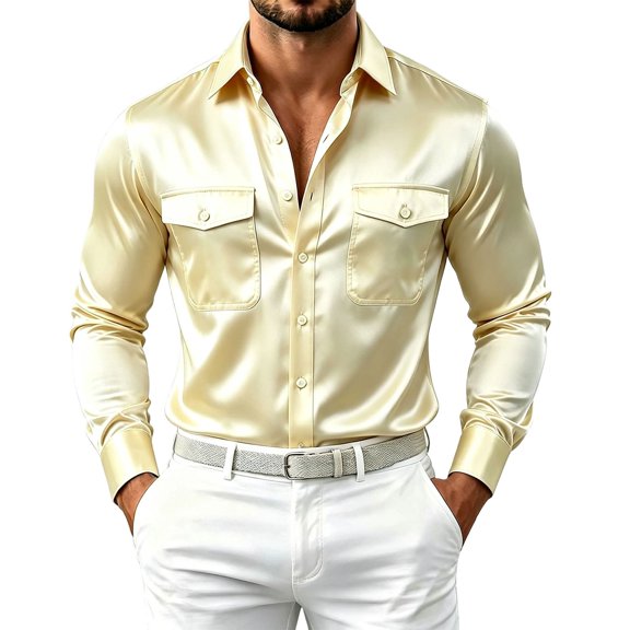 StSilkitty Men's Satin Shirts Long Sleeve Collared Button down Dress Shirt with Pockets Lightweight Business Casual Tops