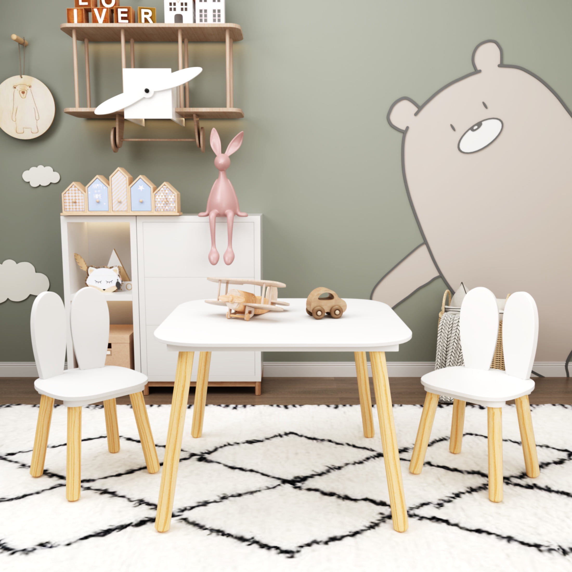 Noble House Kova Kids Table and 2 Rabbit Chairs Set, 3-Piece Wooden Toddler Activity Play Table Set for Bedroom, White