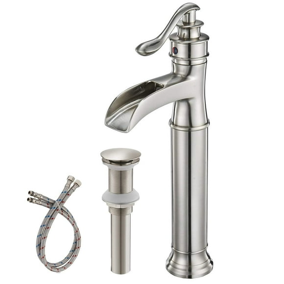 BWE Waterfall Vessel Sink Faucet Brushed Nickel Bathroom Faucet Single Handle Tall Single Hole Bathroom Sink Faucet Commercial Mixer Tap with Pop Up