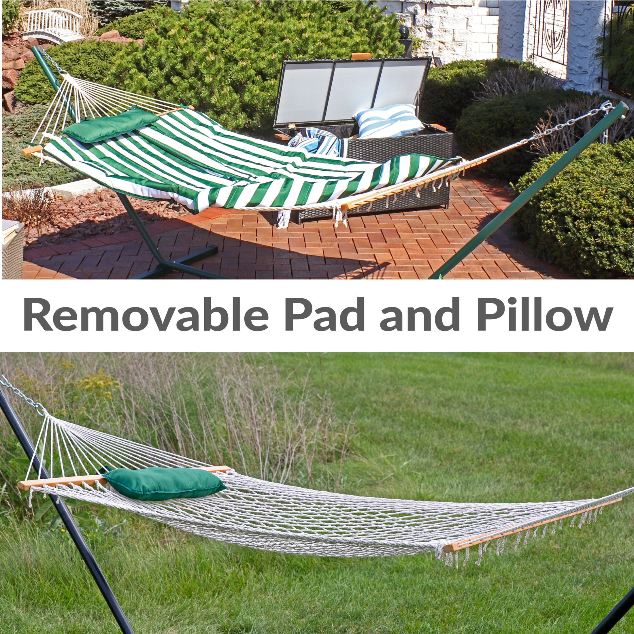 Sunnydaze 2-Person Polyester Rope Spreader Bar Hammock with Stand, 275 lb Capacity - Green/White