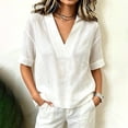 thumbnail image 2 of Ruimatai Women's Notch Collar V-Neck Rolled Cuff Short Sleeve Loose Fit Casual Blouses for Women Summer Everyday & Office Wear, 2 of 5