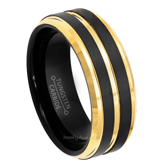 Jewelry Avalanche Mens Tungsten 2-Tone Wedding Band 8mm Black & Gold Grooved Center Anniversary Ring size 10