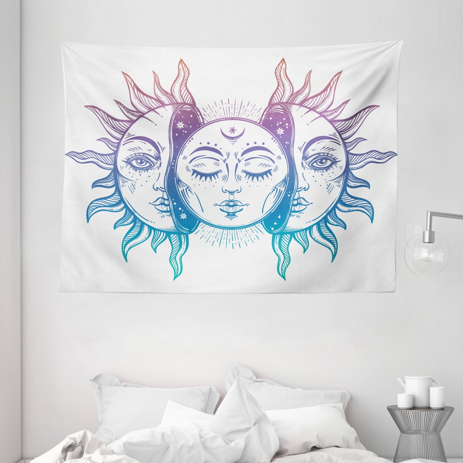 Moon Tapestry, Psychedelic Representation Heavenly Bodies Faces Eastern