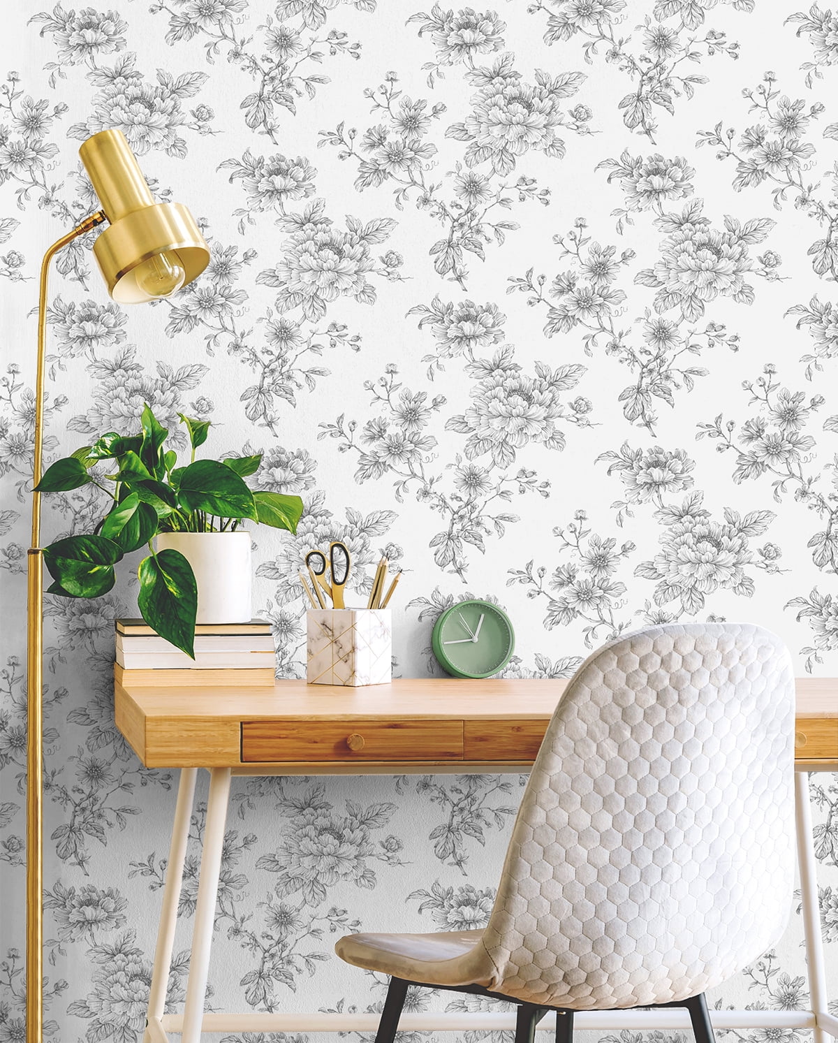 NextWall Grey Sketched Floral Peel and Stick Wallpaper