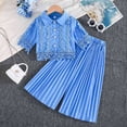 thumbnail image 2 of Summer Bohemian Outfits for Girls Short Sleeve Lapel Lace Button Down Shirts High Waist Pleated Pants Sets Blue 5-6 Years, 2 of 5