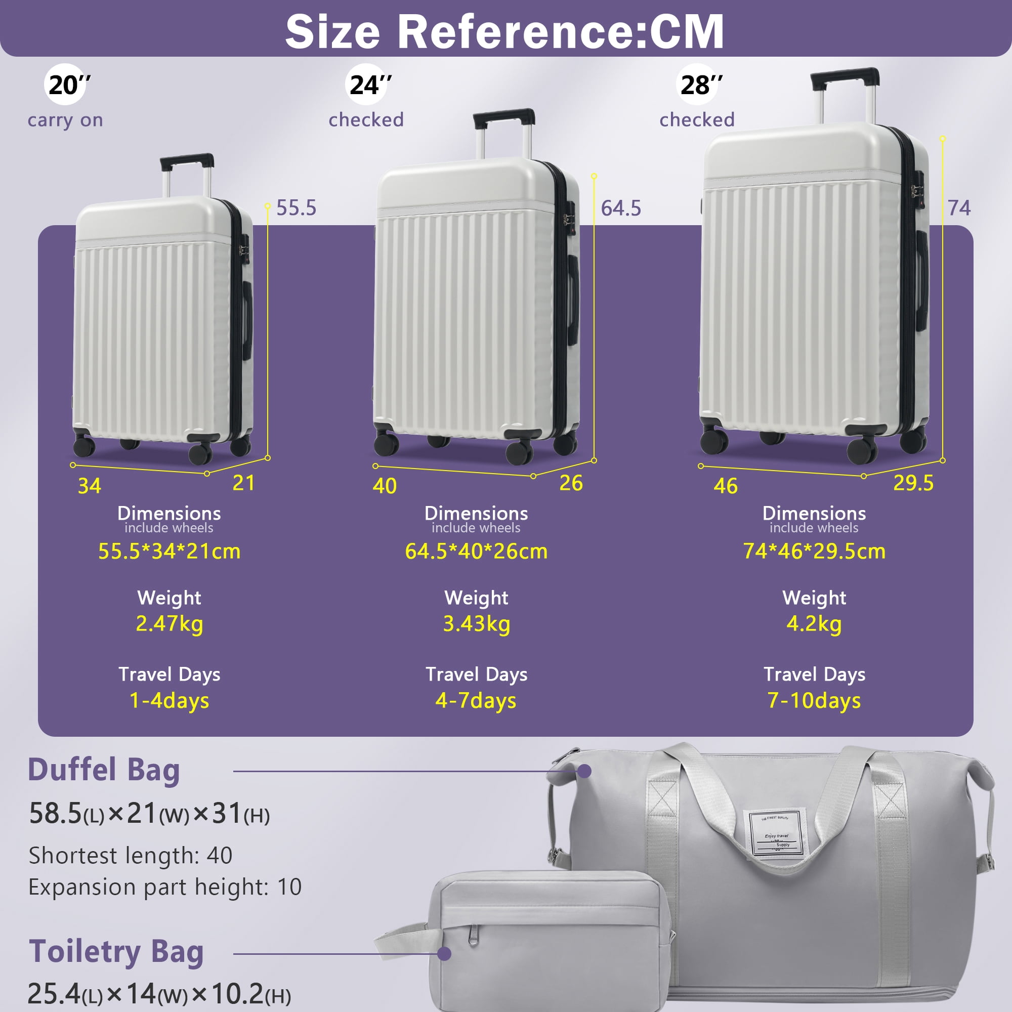 Grey+White Grey and White ABS Luggage Set 5 Piece - 20, 24, 28 Inch Expandable Suitcases with Spinner Wheels for Travel