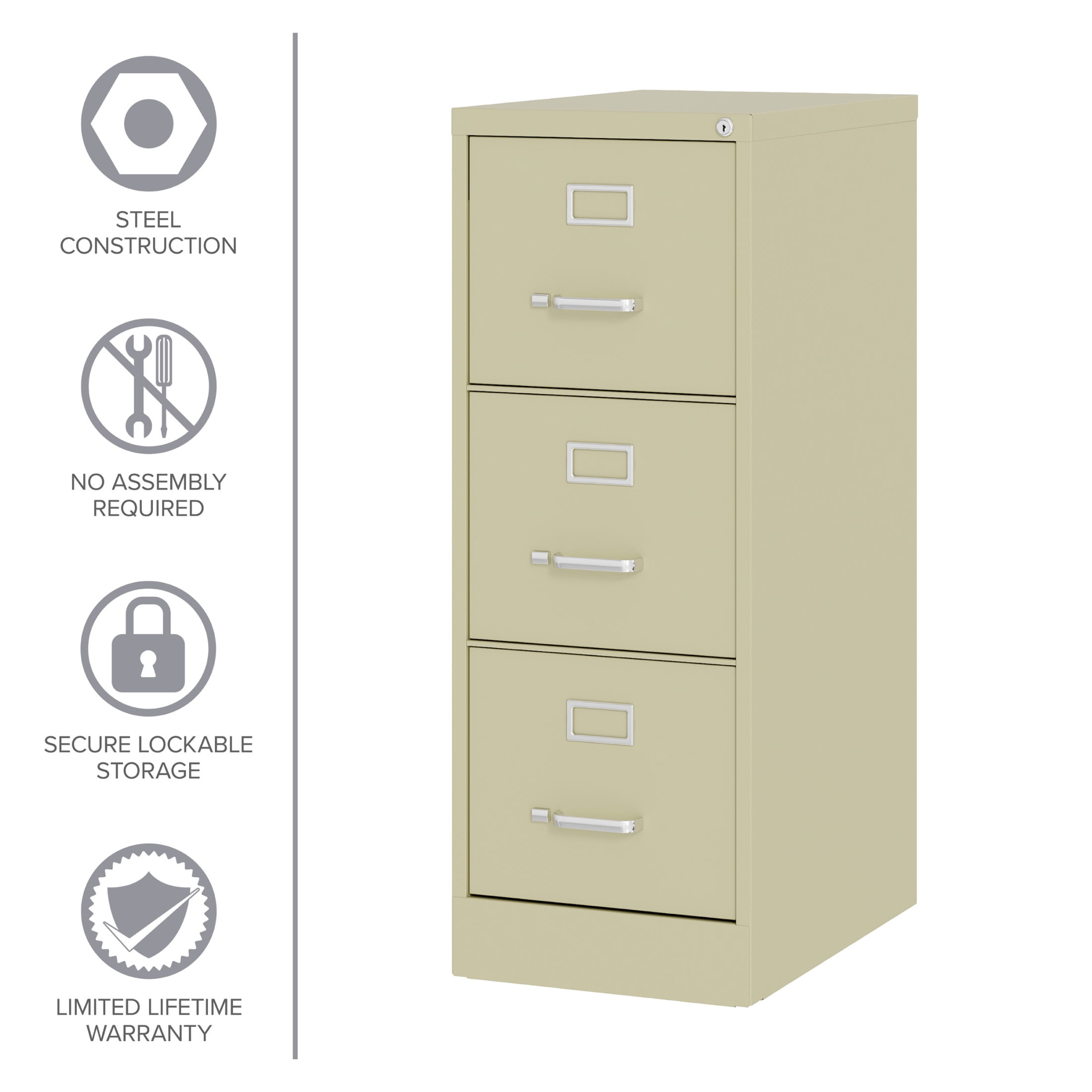 Hirsh 3 Drawer Letter Locking Metal Vertical File Cabinet, 22" Deep, Putty