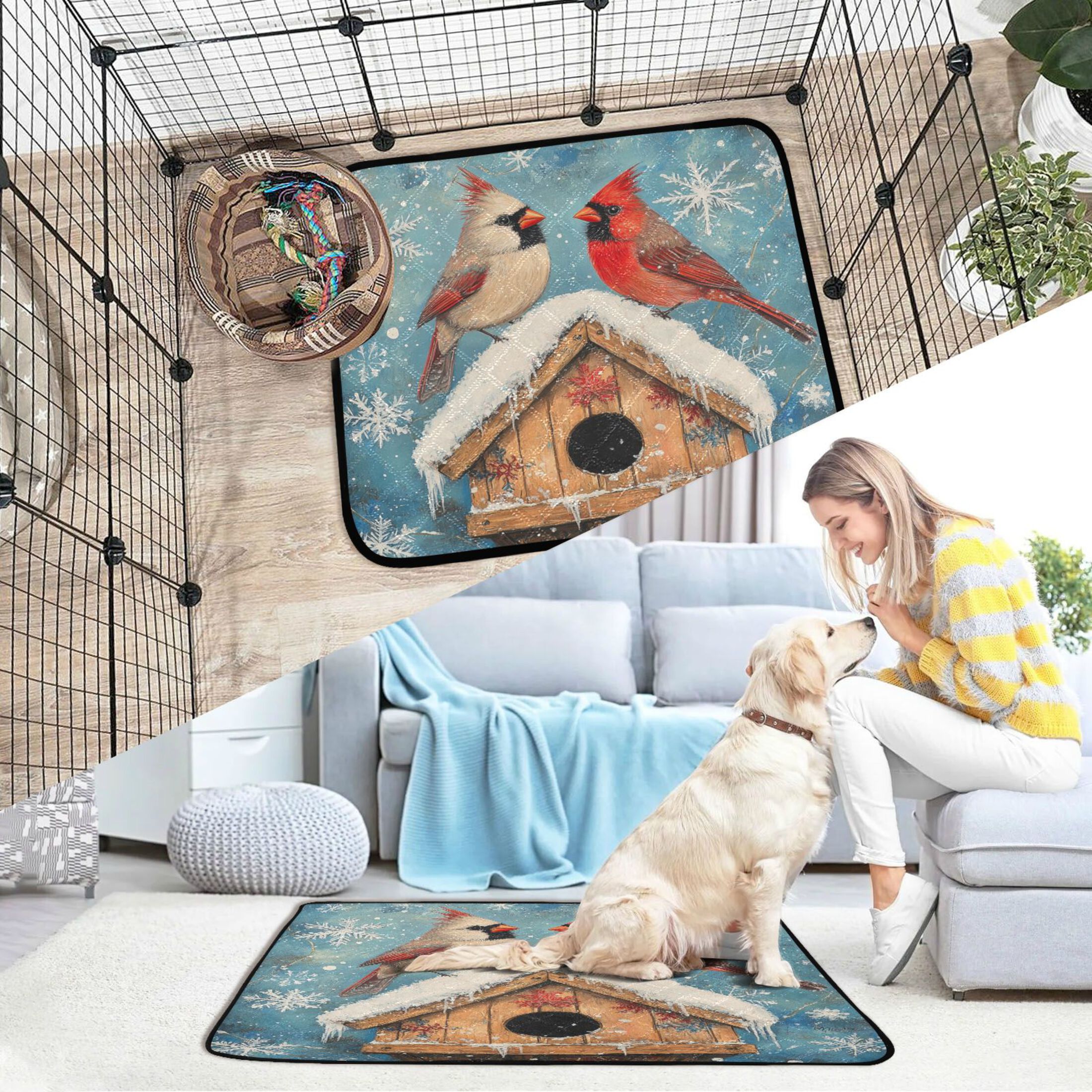 Qxltty Winter Cardinal Bird Cat litter Pads Pet Set of 2 Diaper Mats Center Anti-leakage Layer Absorbent Soft and Comfortable