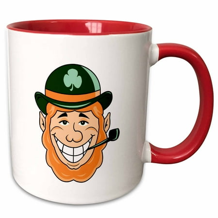 - 3dRose leprechaun bowler hat green pipe head smiling - Two Tone Red Mug, 11-ounce