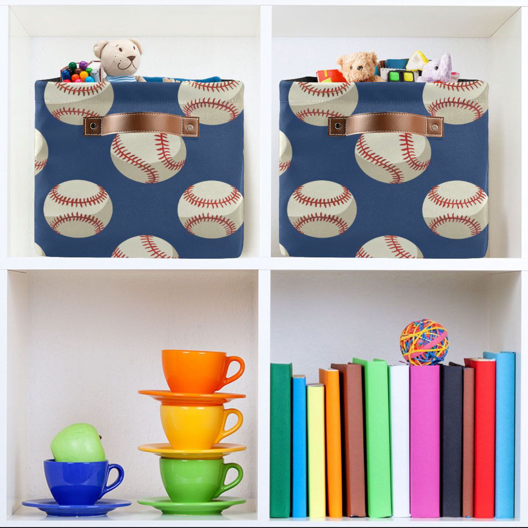 Ryvnso Baseball Blue Storage Basket Large Bin Foldable Boxes Toys Organizer 14.2x10.2x8.3in 2 PCs