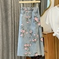 thumbnail image 2 of Mohiass Women Floral Print Long Denim Jean Skirt Printed Midi A Line Skirt Side Slit Denim Jean Flare Skirt Blue XL, 2 of 9