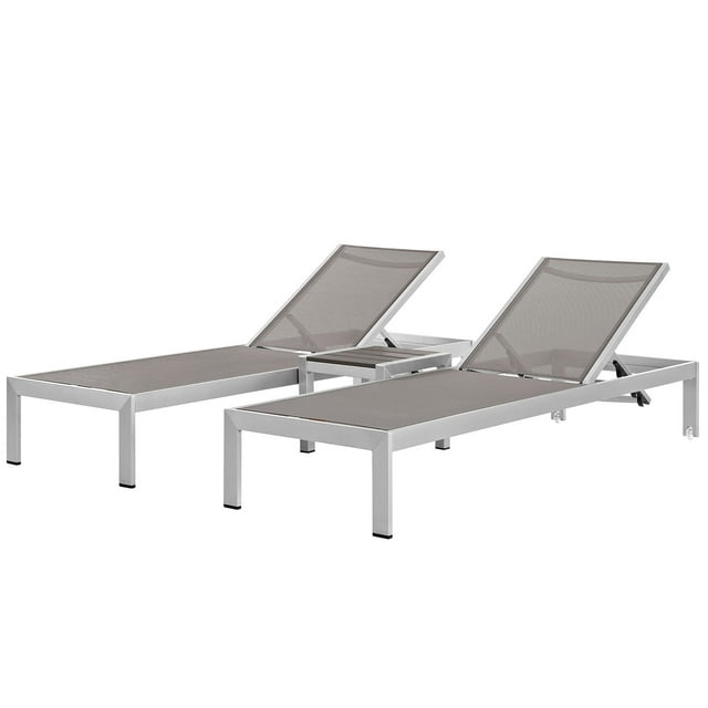 Modern Contemporary Urban Outdoor Patio Balcony Garden Furniture Lounge Chair Chaise and Side Table Set, Aluminum Metal Steel, Grey Gray