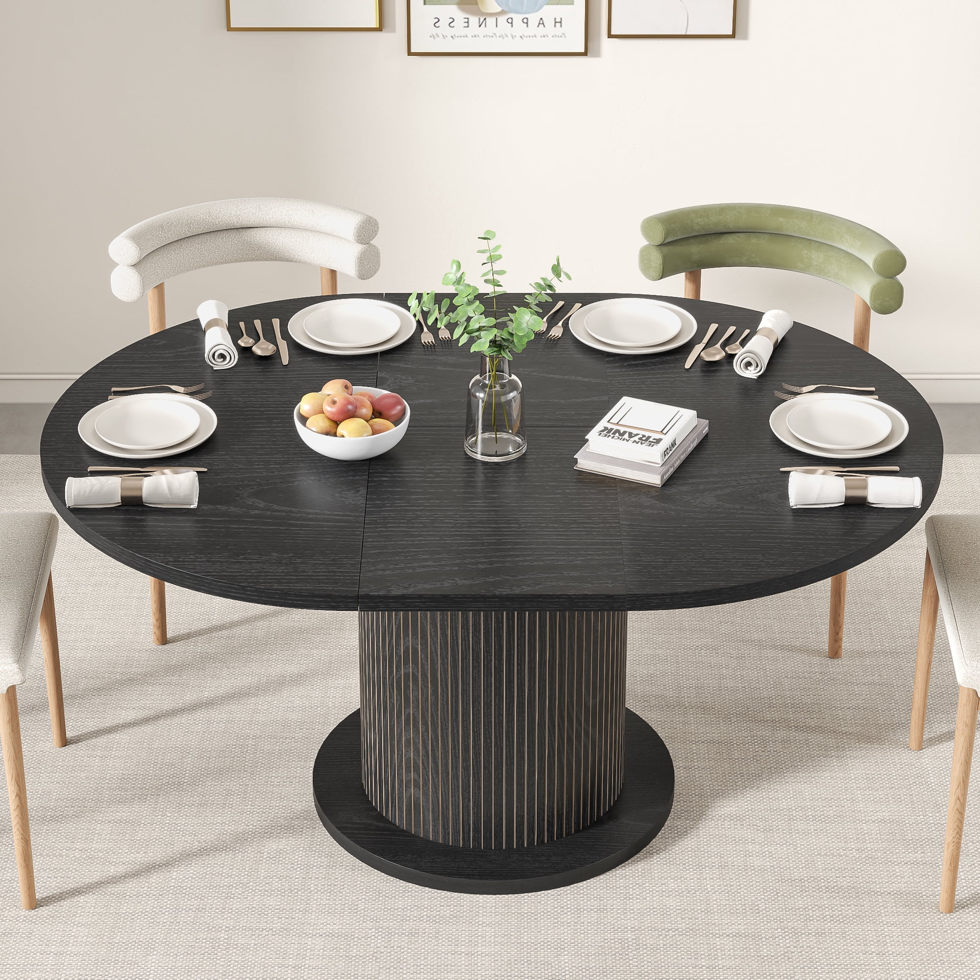 Round Dining Table for 4-6 People, 43.3“-59“Extendable Round Kitchen Dining Table with Pedestal Base, Black