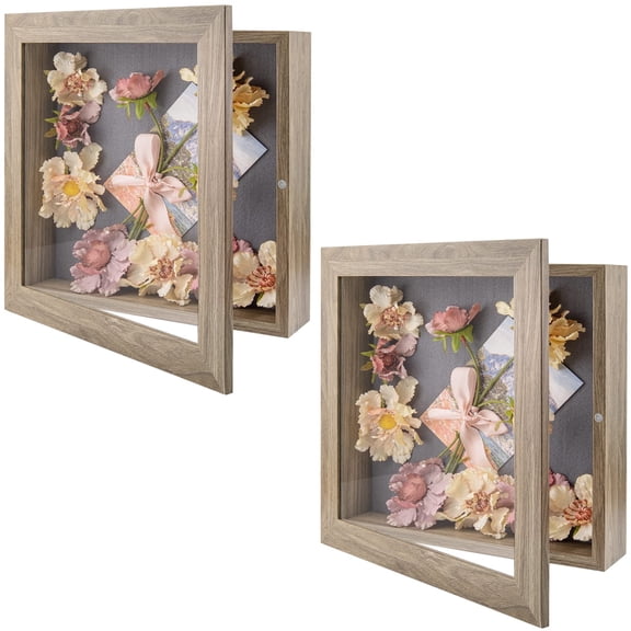 Golden State Art, 11x11 Shadow Box Frame Display Case, 2-inch Depth, Great for Collages, Collections, Mementos, 6 Pins Included (Light Brown, 2 Pack)