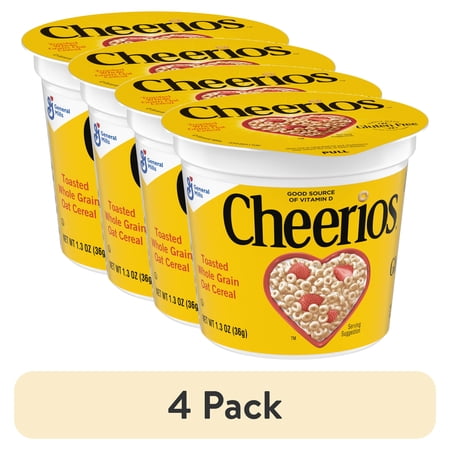 (4 pack) Cheerios Breakfast Cereal Cup, Gluten Free, Single Serve Cereal, 1.3 oz