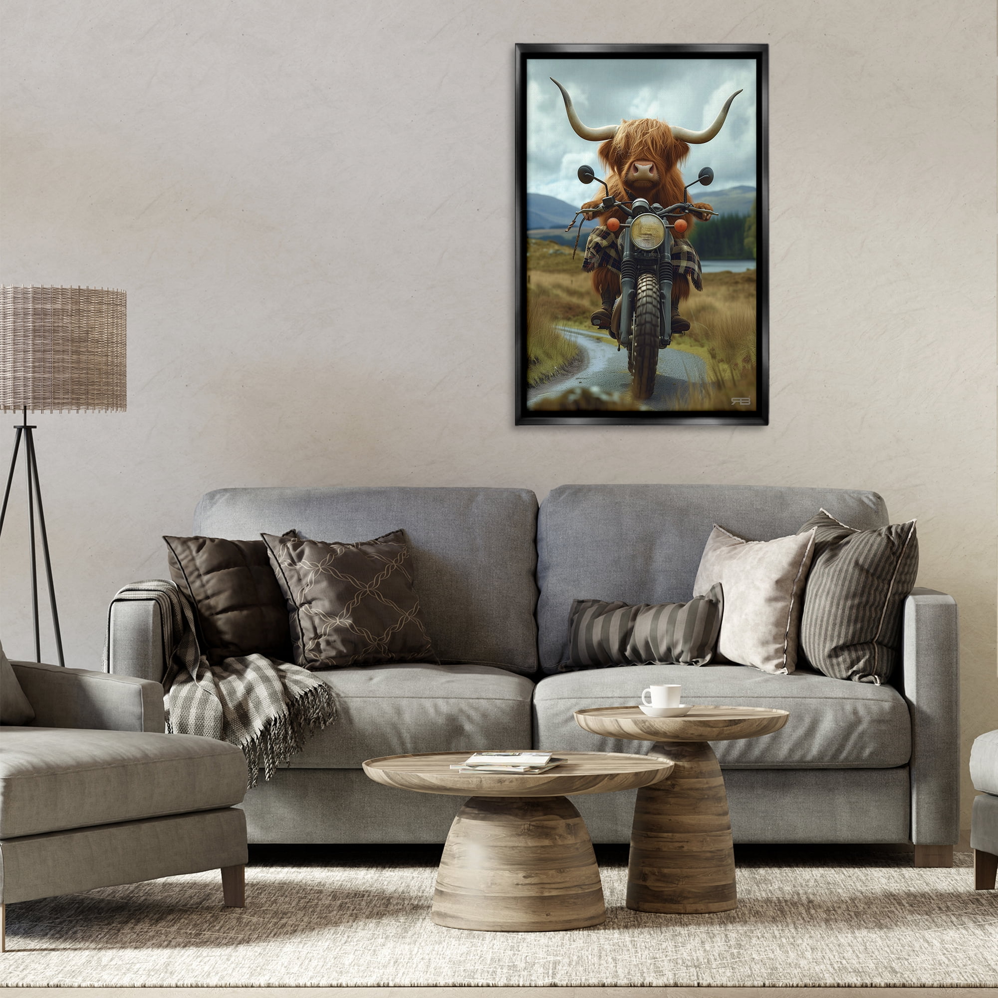 Stupell Industries Motorbike Rural Cattle Animals & Insects Painting Black Floater Framed Art Print Wall Art, 21 x 31