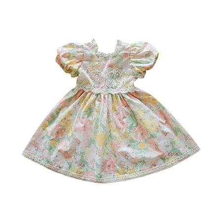 

Girls Dress Puff Sleeve Sweetheart O-Neck Floral Printed Ruffled A-Line Swing Dress Baby Sundress Streetwear
