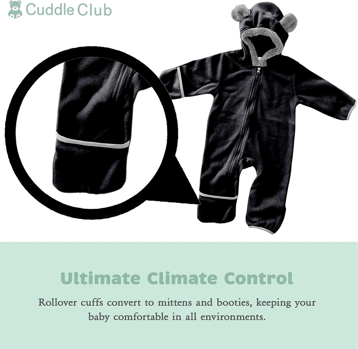 Cuddle Club One Piece Romper Hooded Fleece Onesie Jumper for Baby, Black Bear 0-3 Mos