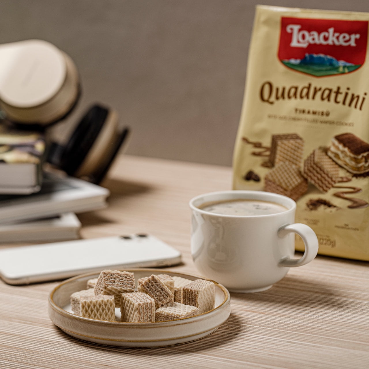 Loacker Quadratini Tiramisù, Cream-Filled Bite-Size Wafer Cookies, 7.76 oz, Pack of 6