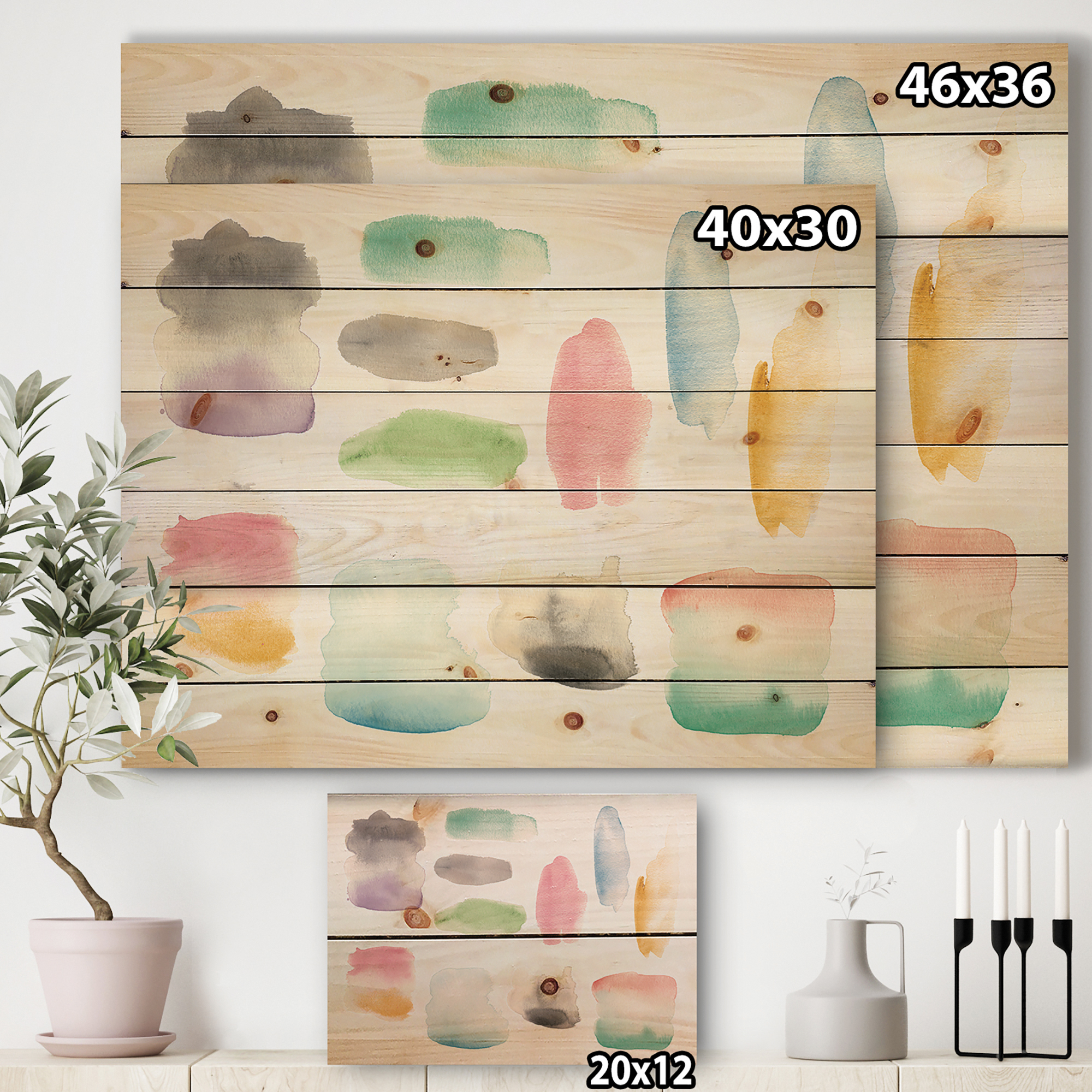 Designart 'Watercolor Geometric Swatch Element III' Mid-Century Modern Print on Natural Pine Wood