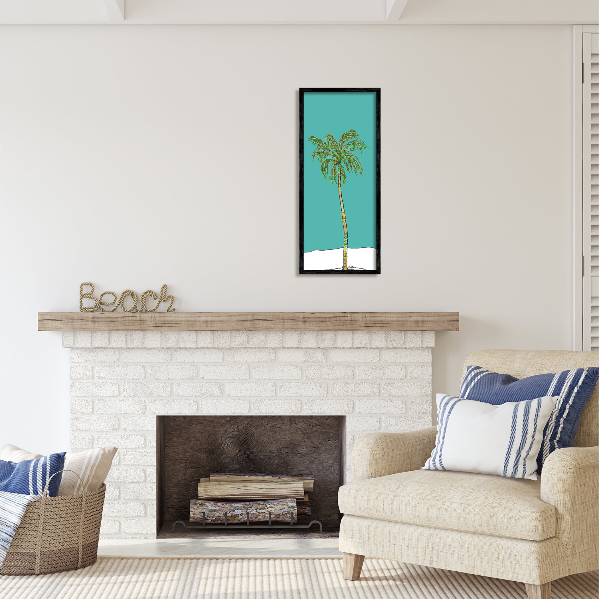 Stupell Industries Modern Turquoise Palm Tree Botanical & Floral Painting Black Framed Art Print Wall Art, 13 x 30