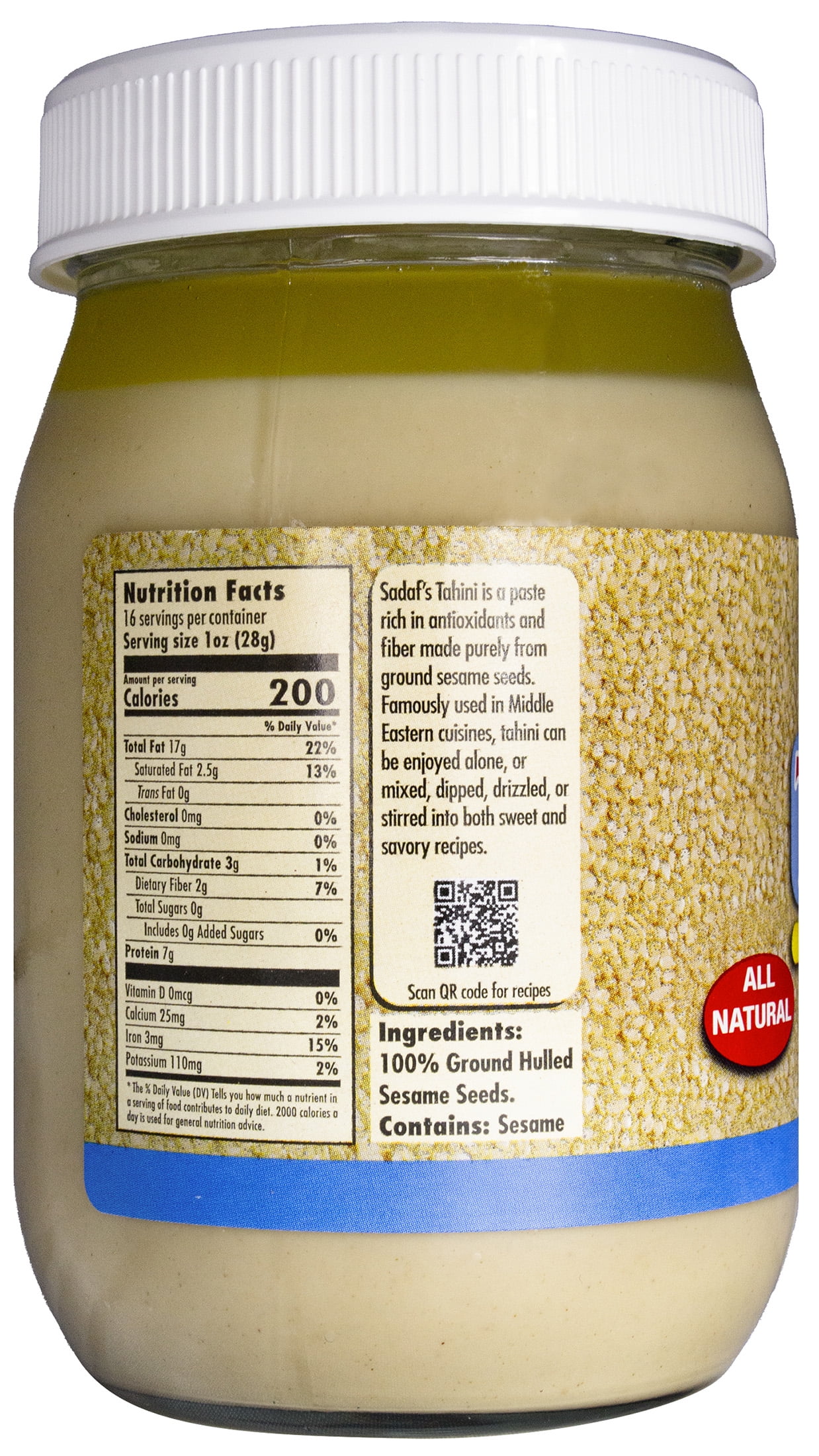 (6 pack) Sadaf Pure Sesame Tahini Sauce, 16 oz Jar